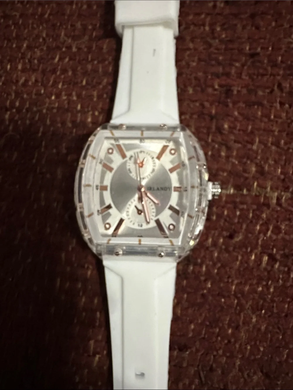 White Silicone Strap Analog Watch with gold accents
